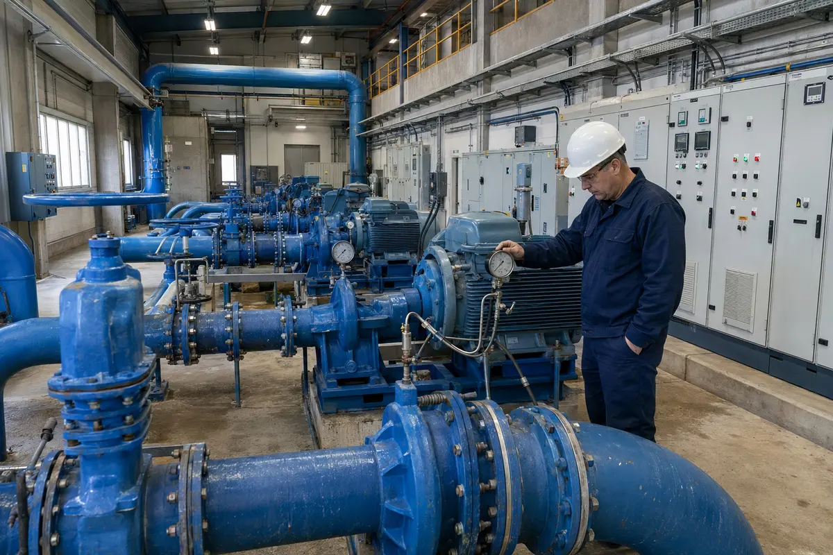 Engineer inspecting pumping station equipment and controls